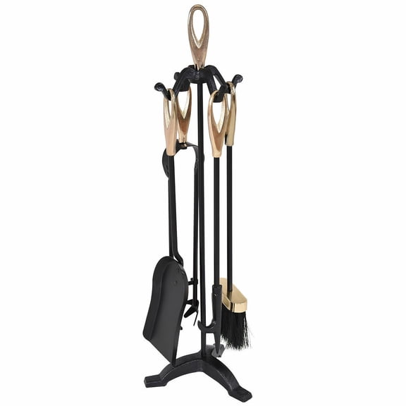 Topbuy 5pcs Fire Tools Set Pendant Tongs Fire Hook Brush Shovel Black w/ 25" Pedestal Base