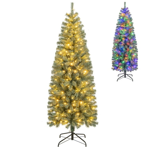 Topbuy 6.5 FT Pre-lit Artificial Christmas Tree, Hinged Pencil Xmas Tree with 556 Blue Branch Tips 200 Warm White & Multi-color LED Lights
