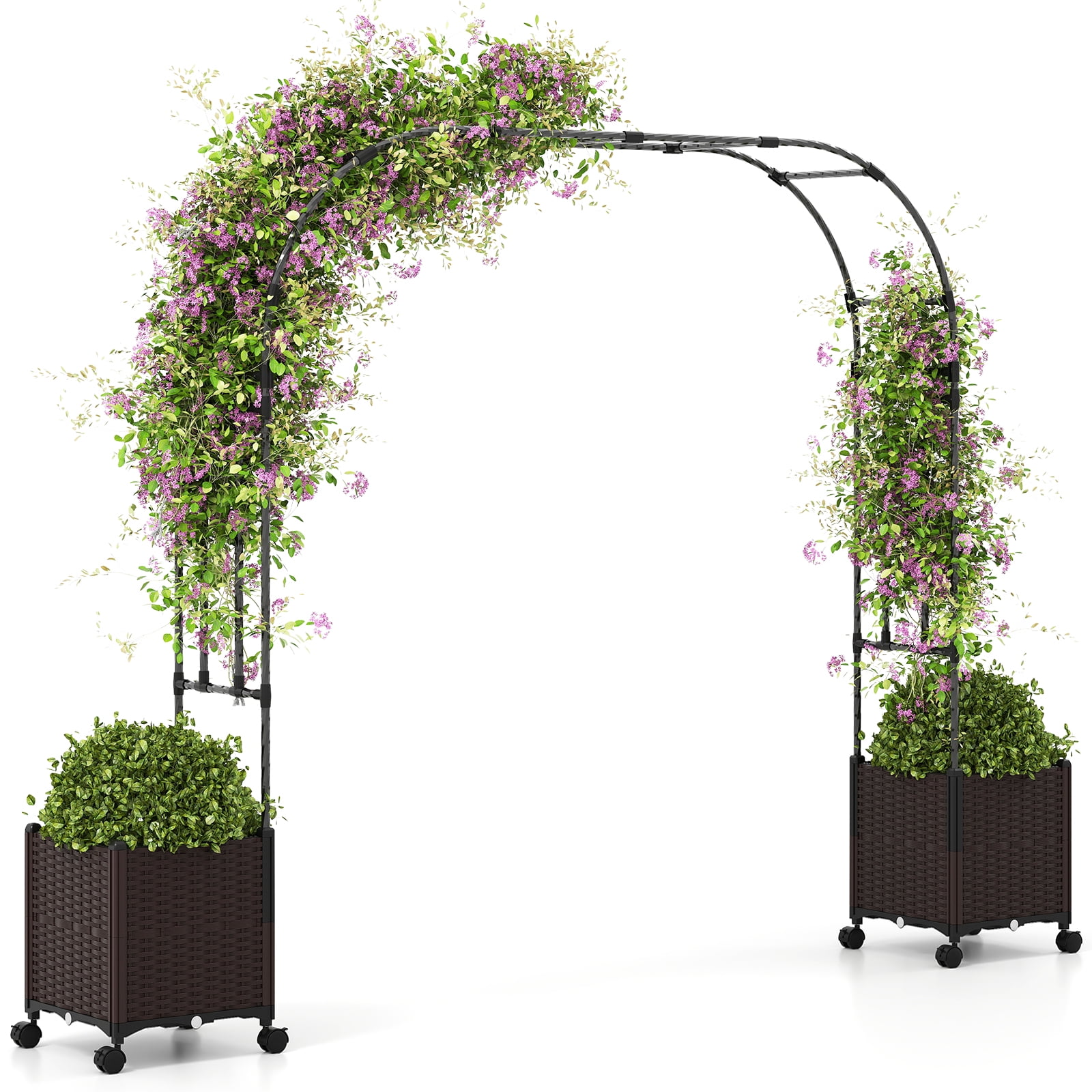 Topbuy 6.6 FT Arch Arbor Trellis w/ 2 Planter Boxes Garden Pergola Arbor w/ Detachable PE-Coated Metal Tubes Self-Watering System & Lockable Wheels