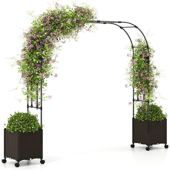 Topbuy 6.6 FT Arch Arbor Trellis w/ 2 Planter Boxes Garden Pergola Arbor w/ Detachable PE-Coated Metal Tubes Self-Watering System & Lockable Wheels