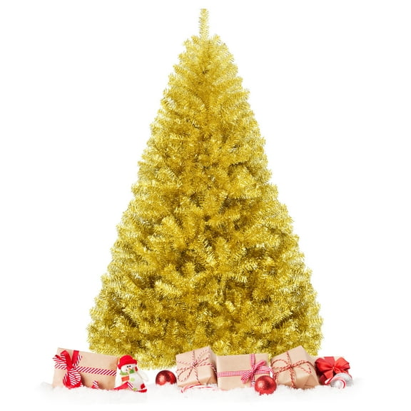 Topbuy 6 FT Artificial Tinsel Christmas Tree Hinged Decoration Tree Champagne Gold