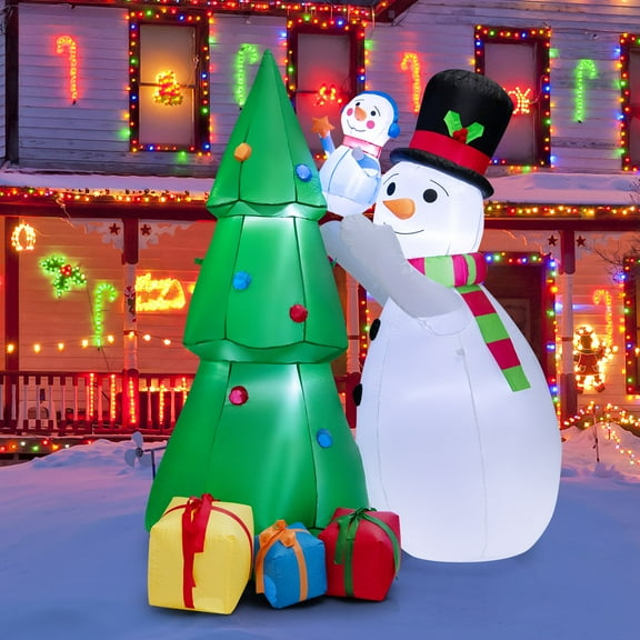 Patiojoy 6 FT Christmas Inflatable Snowman Indoor Outdoor Lighted Decoration w/ Small Snowman Present Box, Blow up Holiday Snowman w/ Christmas Tree