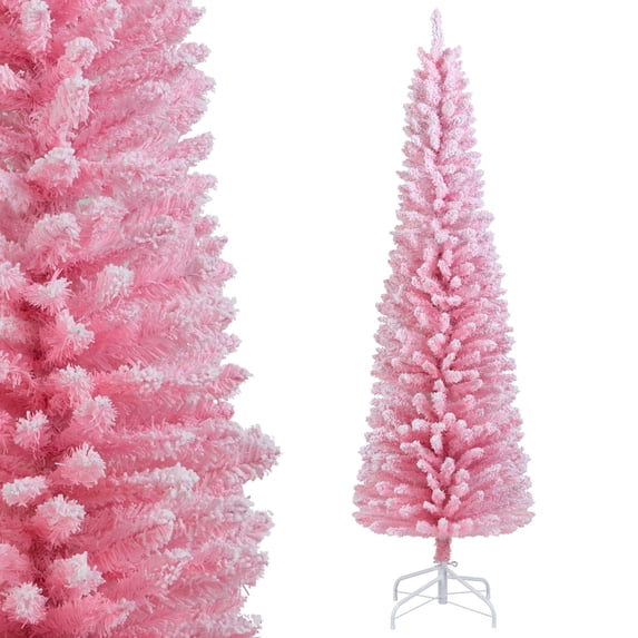 Topbuy 6 FT Christmas Tree Artificial Xmas Tree with 460 Flocked Branch Tips & Folding Metal Stand Slim Pencil Decoration Tree