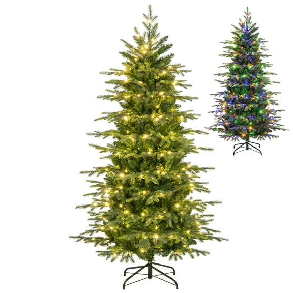 Topbuy 6 FT Pre-lit Artificial Christmas Tree Hinged Xmas Tree with 714 Branch Tips 260 Multicolored & Warm White LED Lights