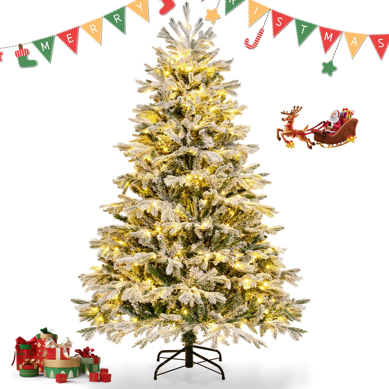 Topbuy 6 FT Prelit Artificial Christmas Tree Snowflocked Xmas Tree
