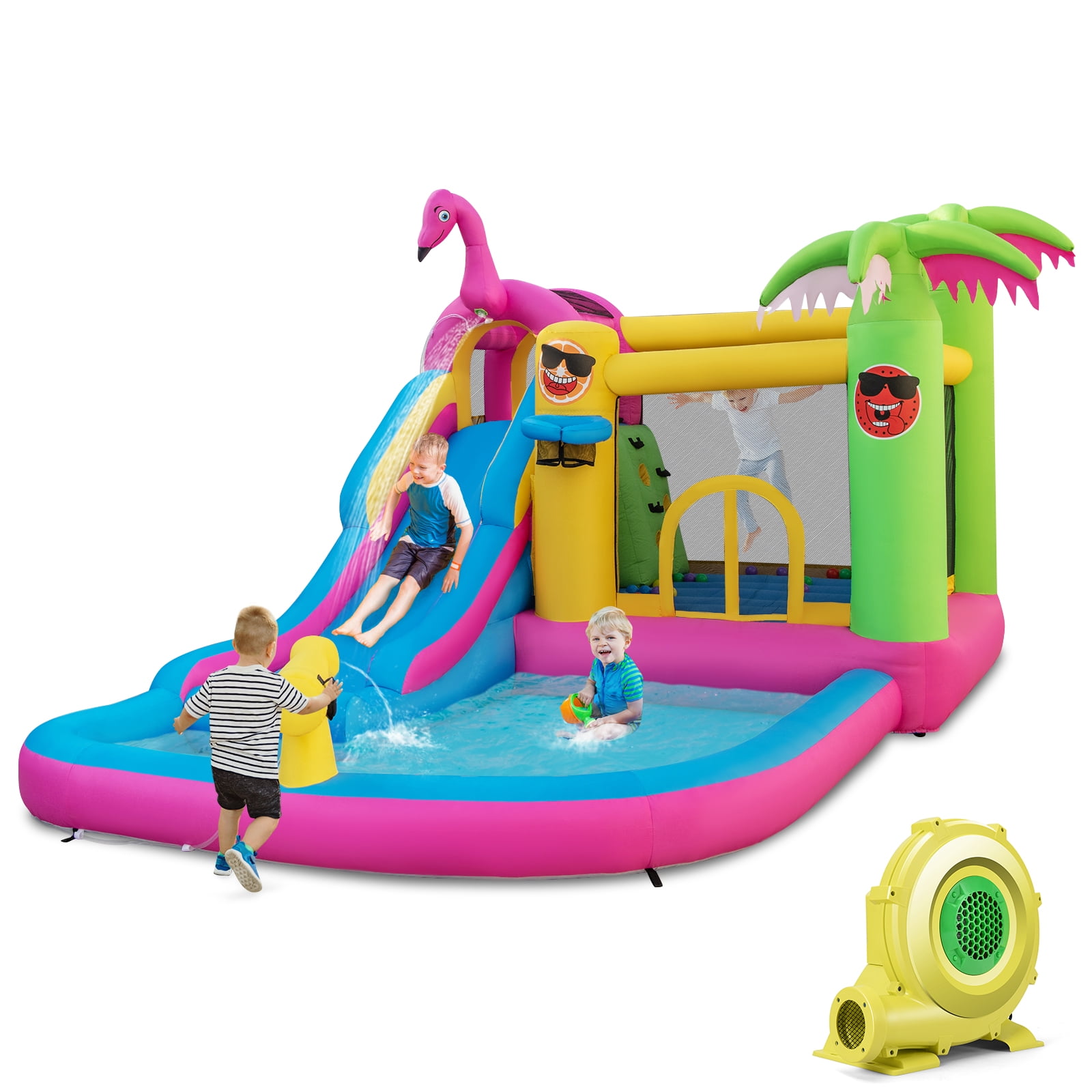 Topbuy 6-In-1 Dry Damp Combo Water Slide Inflatable Bouncy House with Climbing Wall Blowup Jumping Castle
