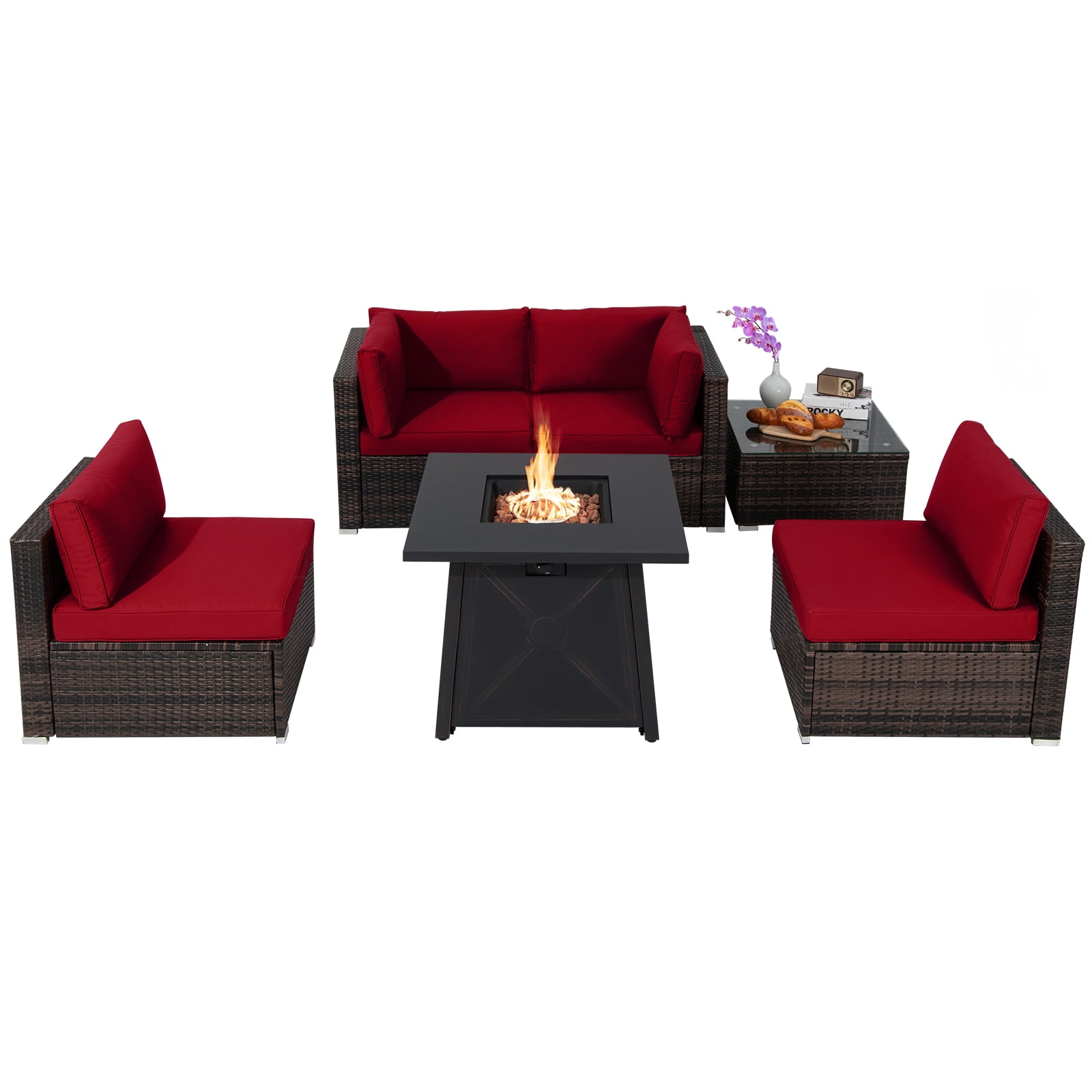 Topbuy 6Piece Outdoor PE Wicker Patio Set with Propane Fire Pit, Sofa