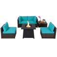 thumbnail image 1 of Topbuy 6-Piece Patio Furniture Set with 30" Propane Fire Pit Table Outdoor PE Wicker Conversation Set with Cushions and Tempered Glass Coffee Table Turquoise, 1 of 10