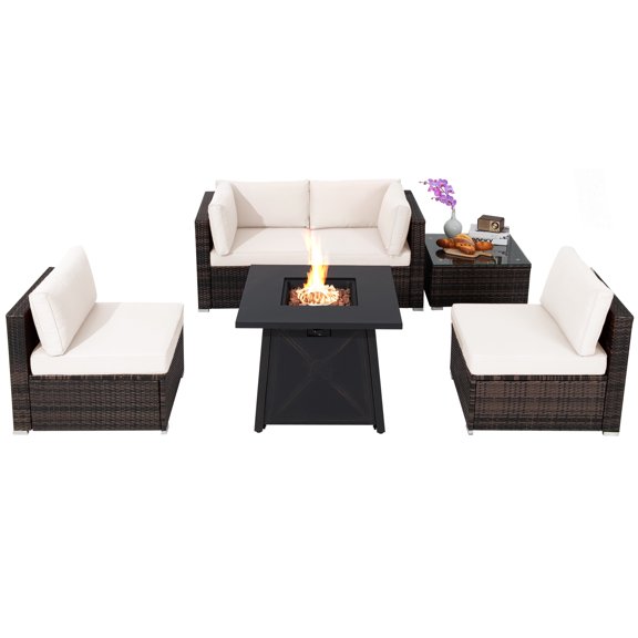 Topbuy 6-Piece Patio Furniture Set with 30" Propane Fire Pit Table Outdoor PE Wicker Conversation Set with Cushions and Tempered Glass Coffee Table Off White