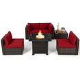 thumbnail image 1 of Topbuy 6 Piece Patio Wicker Conversation Set, Outdoor Rattan Sofa Set w/ 32" Propane Fire Pit Table, 50,000 BTU Heat, Tempered Glass Tabletop Red, 1 of 10