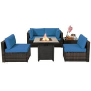 Topbuy 6-Piece Wicker Outdoor Patio Dining Set with Gas Fire Pit Table and Cushions, Navy