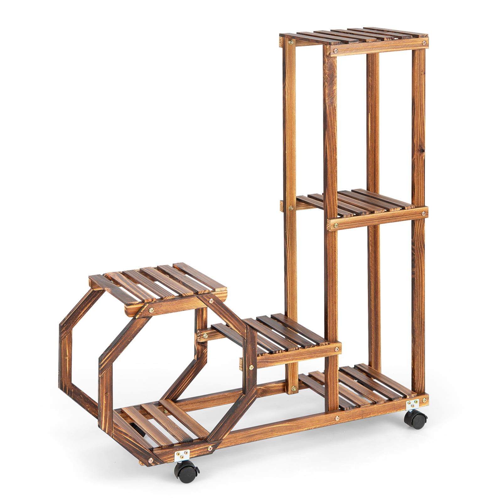 Patiojoy 6 Tier 6 Potted Plant Stand Rack 100% Pine Wood Flower Pot Holder Shelf Multi-Layer Flower Stand with Wheels
