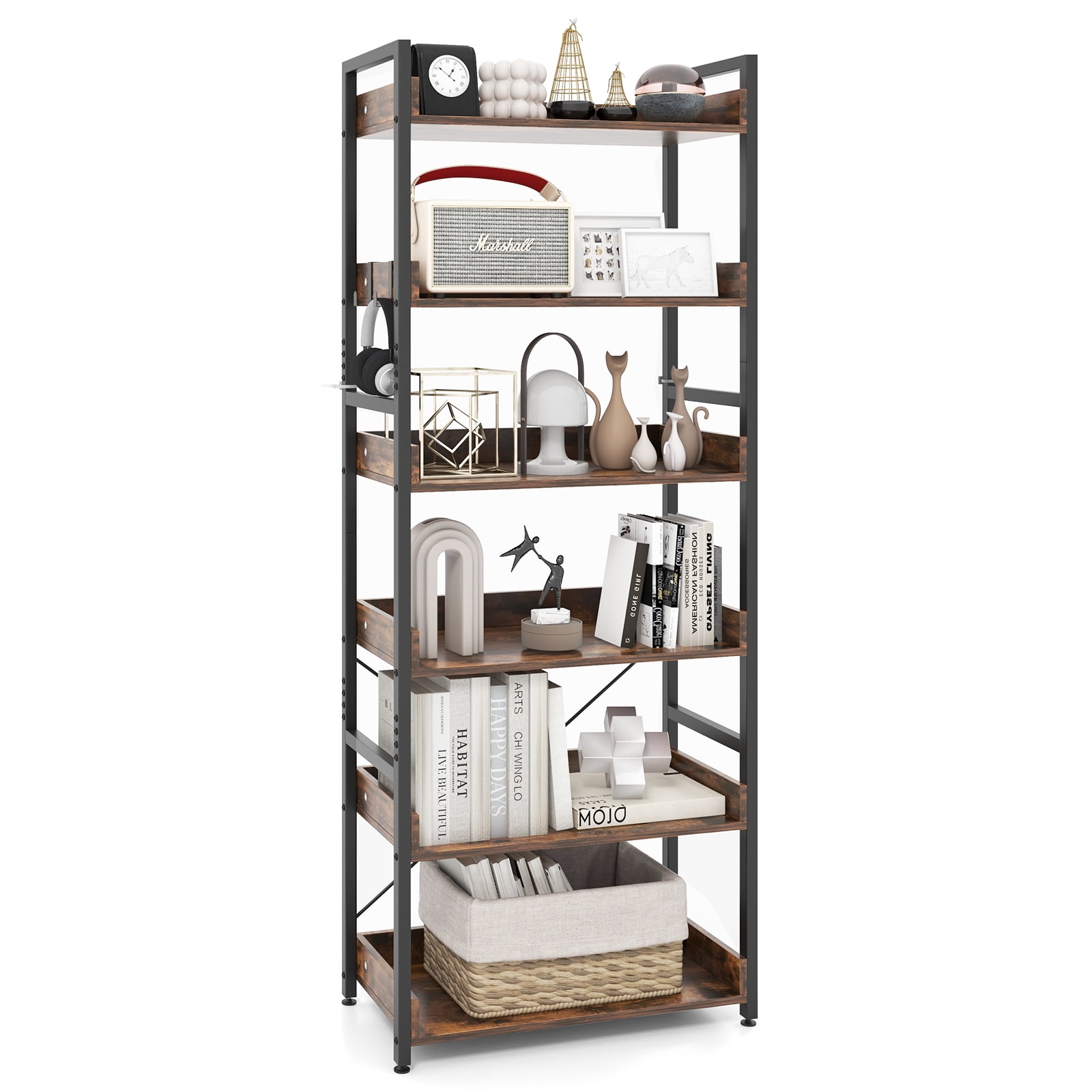 Topbuy 6Tier Bookshelf with 4 Hooks Industrial Storage Bookcase Tall