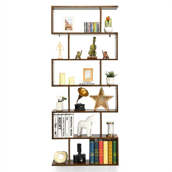 Topbuy 6-Tier S-Shaped Wooden Bookshelf Storage Bookcase Multifunctional Display Stand Shelf Coffee