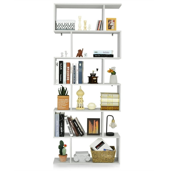 Topbuy 6-Tier S-Shaped Wooden Bookshelf Storage Bookcase Multifunctional Display Stand Shelf White
