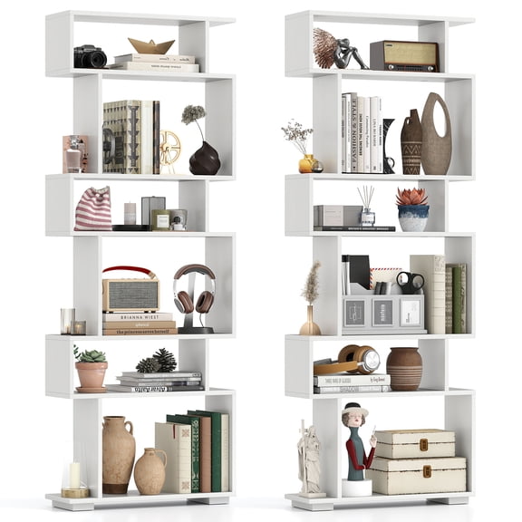 Topbuy 6-tier S-shaped Bookshelf 64" Open-back Bookcase Home Wood Organizer Free-standing Storage Shelf 2PCS White