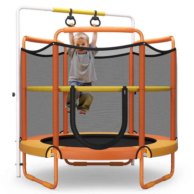 Topbuy 60 Inch Kids Trampoline, 330 LBS 3-in-1 Trampoline w/ Swinging Rings 3-Level Height Adjustable Horizontal Bar Orange