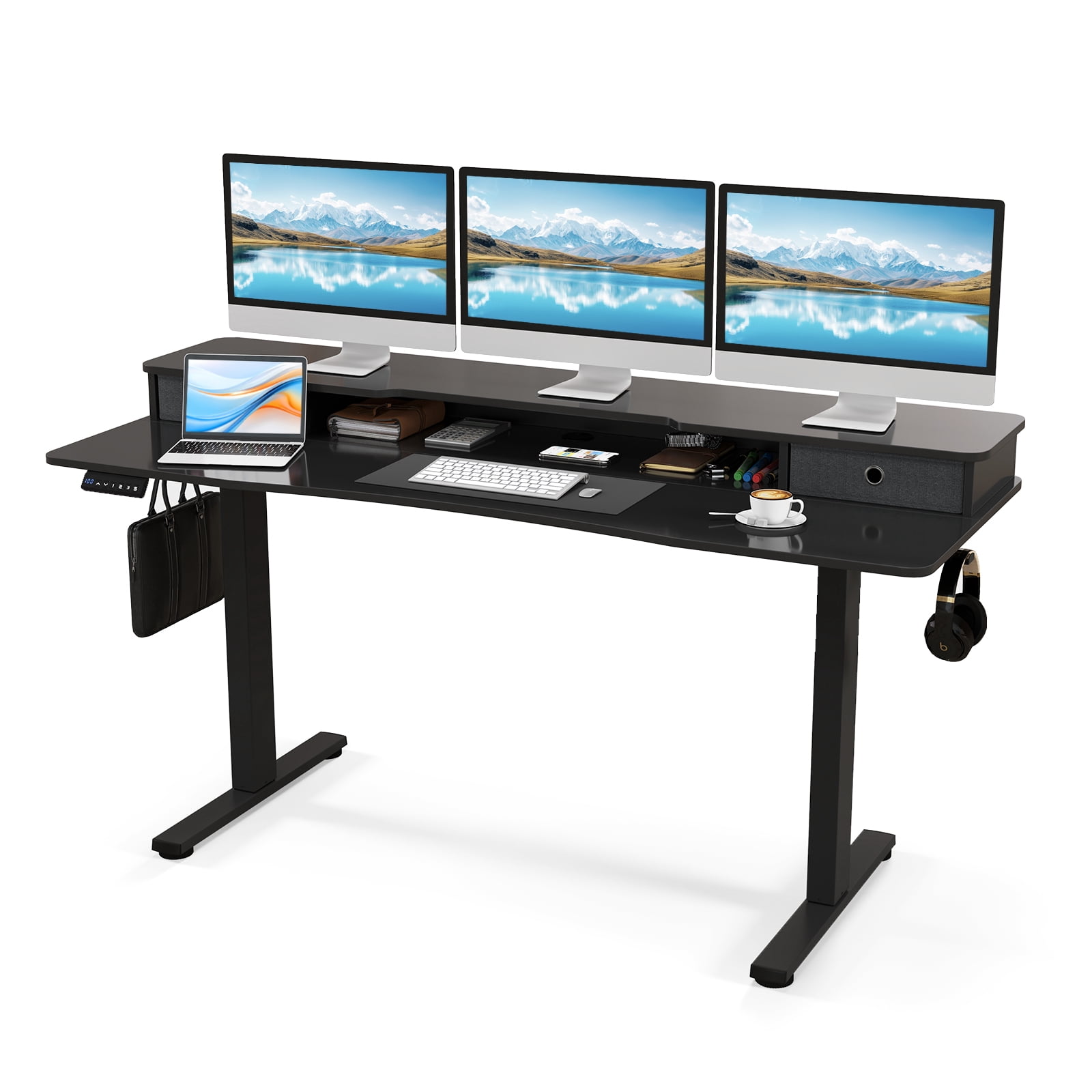 Topbuy 63" x 24" Standing Desk with Drawers Electric Stand-up Desk with Monitor Stand Black