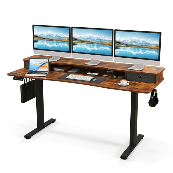 Topbuy 63" x 24" Standing Desk with Drawers Electric Stand-up Desk with Monitor Stand Rustic Brown