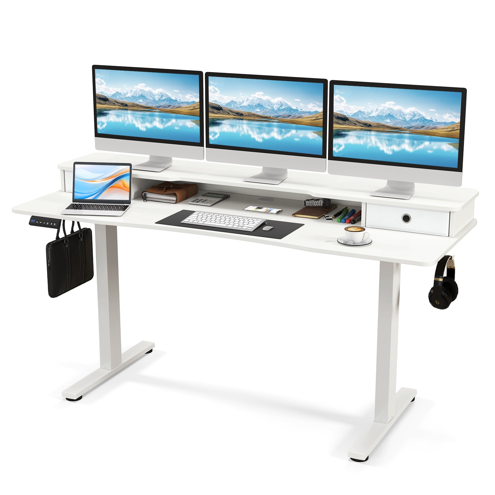 Topbuy 63" x 24" Standing Desk with Drawers Electric Stand-up Desk with Monitor Stand White