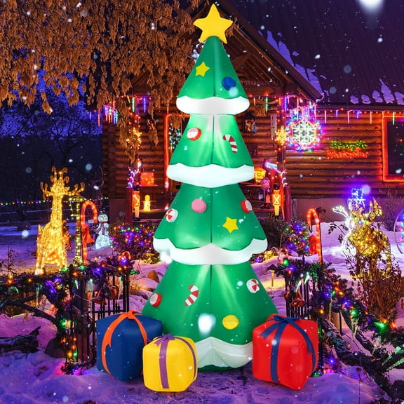 Patiojoy 6FT Inflatable Christmas Tree Blow Up Xmas Tree w/ Treetop Star Colorful Candy Gift Box Built-in Bright LED Self-Inflating Holiday Decoration