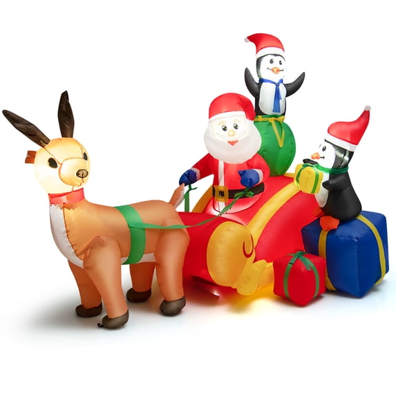 Patiojoy 6FT Long Christmas Inflatable Santa Claus & Penguin on Sleigh Blow Up Reindeer Pulling Sleigh Lighted Inflatable Santa Claus Carrying Gifts