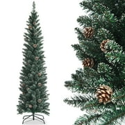 Topbuy 6FT Slim Pencil Tree Snowy Artificial Christmas Tree with 267 PVC Branch Tips & 31 Pine Cones Full Holiday Decoration Tree for Xmas
