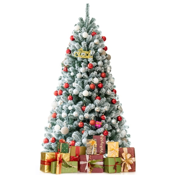 Topbuy 6FT Snow Flocked Artificial Christmas Hinged Tree Pre-lit Artificial Xmas Full Tree with 928 Branch Tips