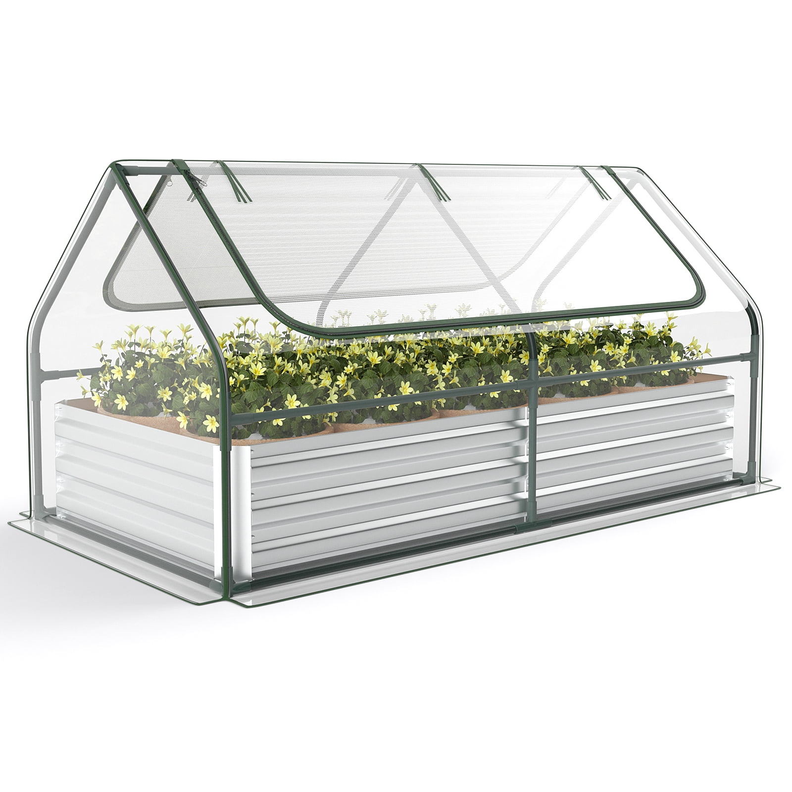 Topbuy 6FT x 3FT x 3FT Galvanized Raised Garden Bed with Greenhouse Bottomless Flower Bed with Clear Cover Outdoor Planter Box Kit