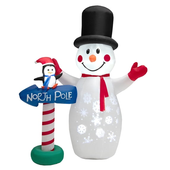 Patiojoy 6ft Christmas Inflatables Snowman, Blow Up Snowman, Penguin on North Pole Sign, Lighted Xmas Yard Decoration w/ Snowflake Projection Lamp