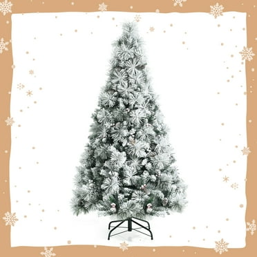 Topbuy 6ft Snow Flocked Christmas Tree Full-bodied Hinged Xmas Tree w/ Glittery Pine Cones Holiday Festival Supplies
