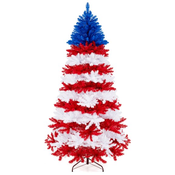 Topbuy 7.5 FT Artificial Christmas Tree Pre-lit Xmas Tree with 1341 Branch Tips 480 Warm White LED Lights July Patriotic Decoration