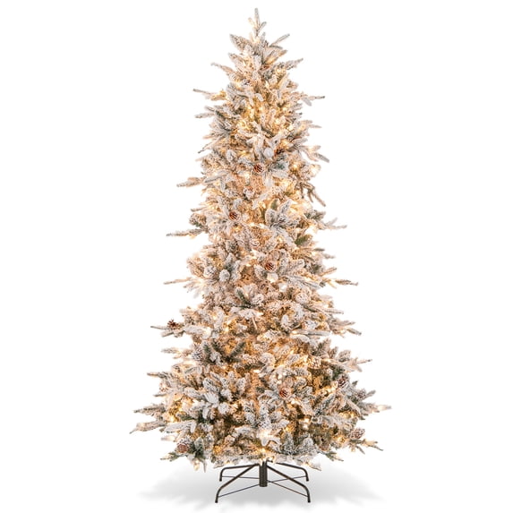 Topbuy 7.5 FT Pre-lit Artificial Christmas Tree Snow-flocked Hinged Xmas Tree with 350 Warm White Lights 1107 Mixed Branch Tips