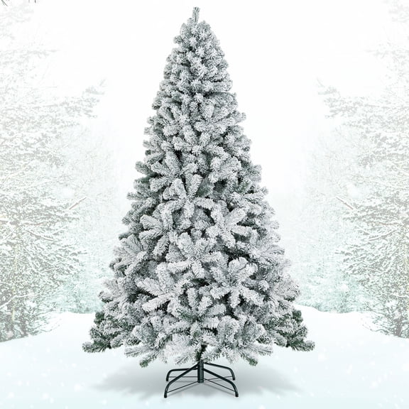 Topbuy 7.5'Hinged Artificial Christmas Tree Unlit w/ Metal Stand Premium Snow Flocked