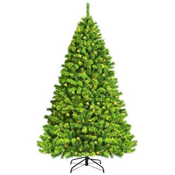 Topbuy 7.5ft Artificial Pre-Lit Christmas Tree, Green Flocked Christmas Hinged Tree w/1404 Branch Tips & 530 Warm LED lights