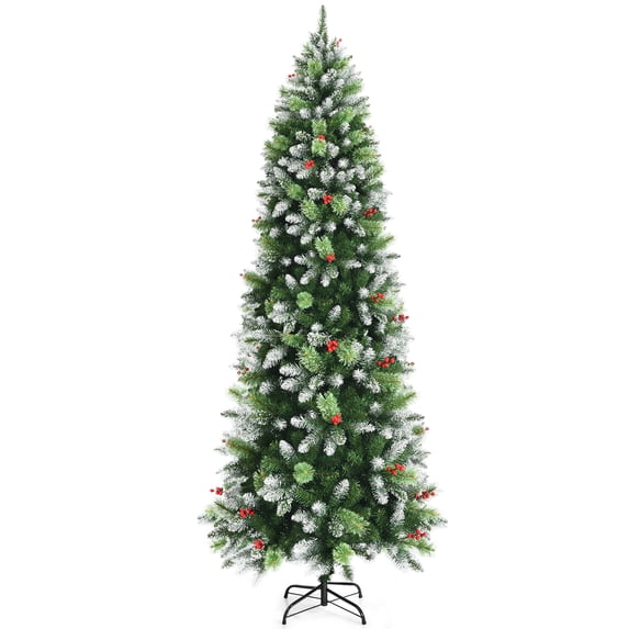 Patiojoy 7.5ft Evergreen Christmas Tree Hinged Artificial Xmas Tree w/ Snow Sprayed Branch Tips & Red Berry Clusters