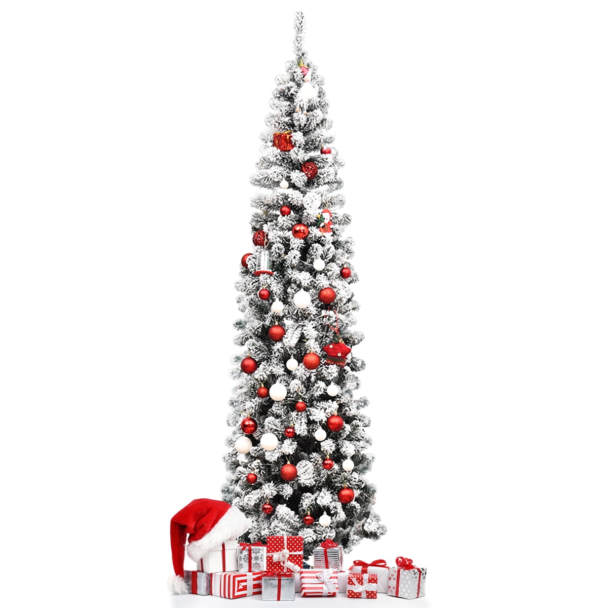 Topbuy 7.5ft Pencil Artificial Christmas Tree Snow Flocked Pencil Tree