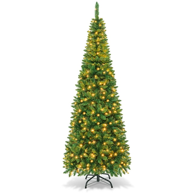 Topbuy 7.5ft Pencil Christmas Tree Pre-Lit Hinged Artificial Decoration ...