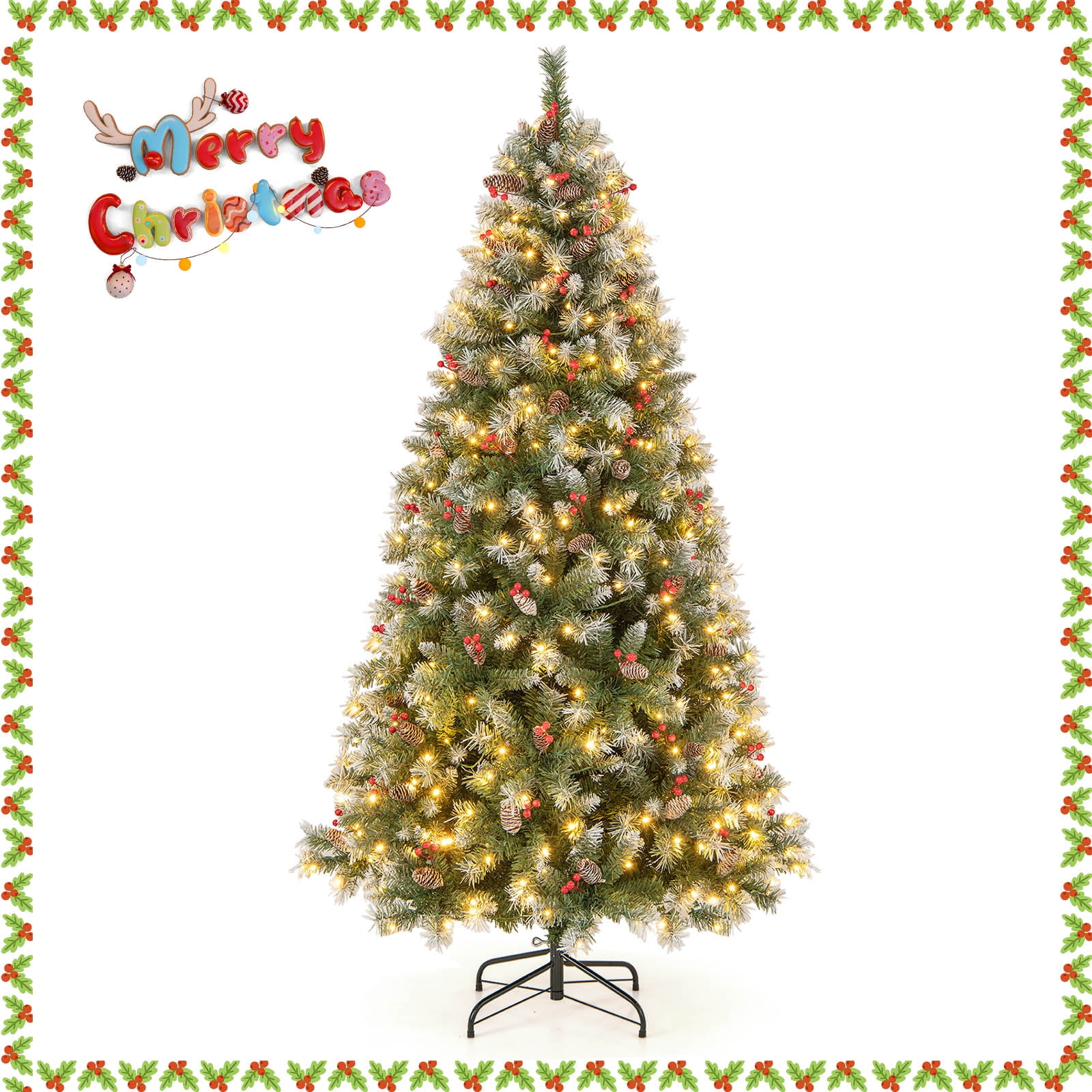 Topbuy 7.5ft Prelit Artificial Christmas Tree Predecorated Hinged Xmas Tree with 1368 Branch