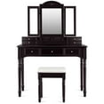 thumbnail image 1 of Topbuy 7 Drawers Tri-Folding Vanity Mirror Makeup Dressing Table Set w/ Necklace Hook Coffee, 1 of 10