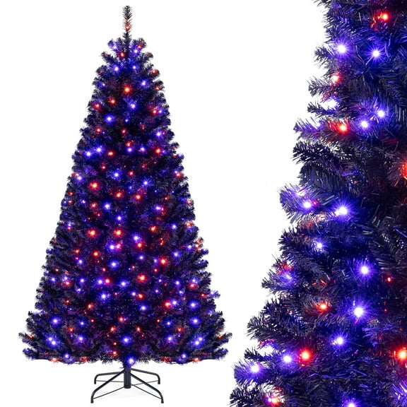 Topbuy 7 FT Artificial Halloween Tree Pre-lit Hinged Black Xmas Tree w/ Spooky Sounds LED Lights