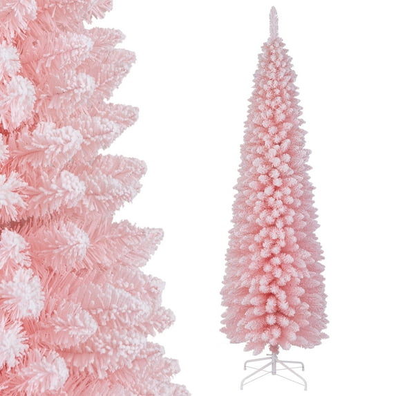 Topbuy 7 FT Christmas Tree Artificial Xmas Tree with 635 Flocked Branch Tips & Folding Metal Stand Slim Pencil Decoration Tree