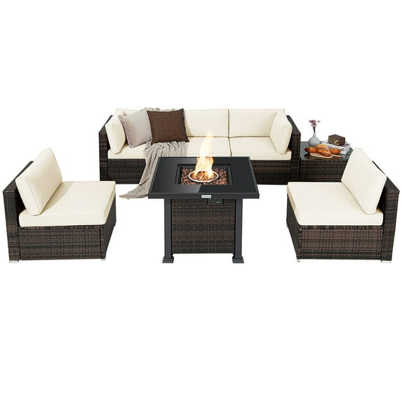 Topbuy 7 Piece Pe Rattan Outdoor Patio Bar Set with Fire Pit Table, Brown/Off White