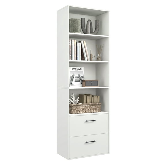 Topbuy 74" Tall 4-tier Wooden Bookcase with 2 Slide-out Drawers, White