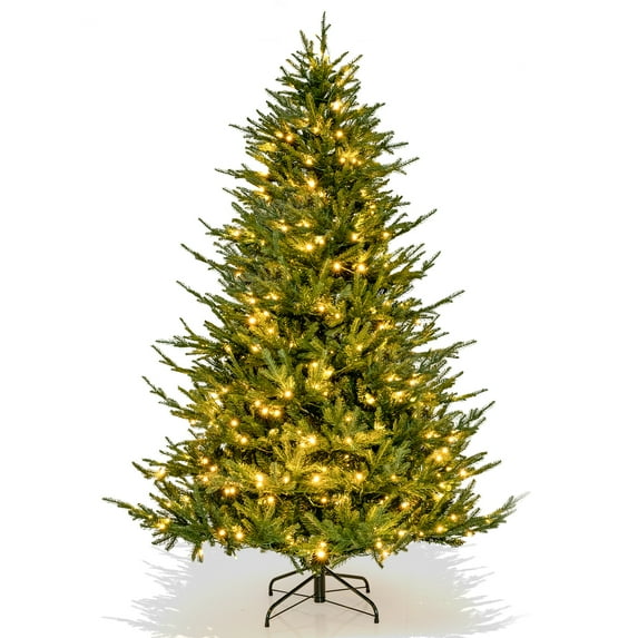 Topbuy 7FT Artificial Christmas Tree Pre-lit Xmas Tree with 380 Warm White LED Lights 8 Lighting Modes 1130 PE & PVC Branch Tips