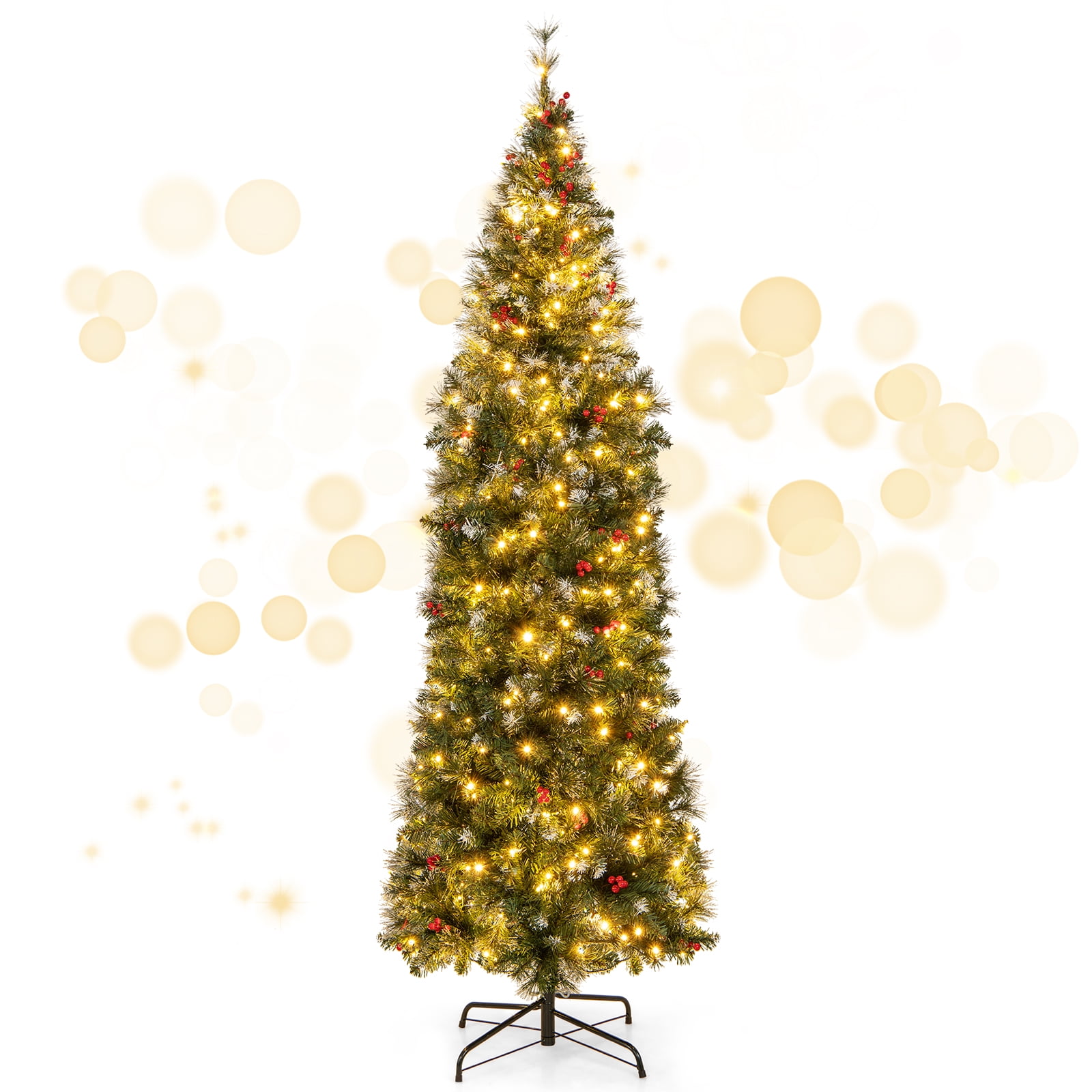 Topbuy 7FT Artificial Prelit Christmas Tree Hinged Pencil Xmas Tree w