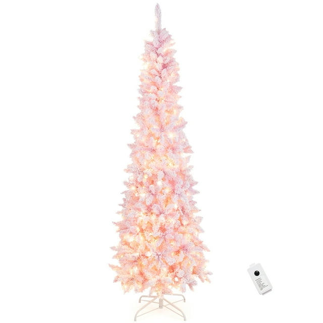 Topbuy 7FT Snow Flocked Christmas Tree, Pink Pencil Christmas Tree w/300 LED Lights & 8 Lighting