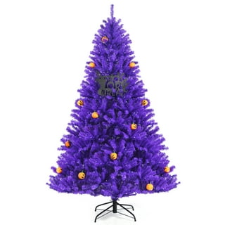 Modern purple christmas trees with ornaments and lights outdoor