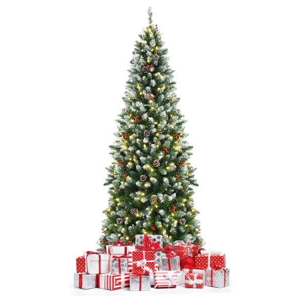 Topbuy 7ft Pre-lit Artificial Christmas Tree Slim Artificial Xmas Tree w/ 350 Replaceable LED Lights & 818 Branch Tips