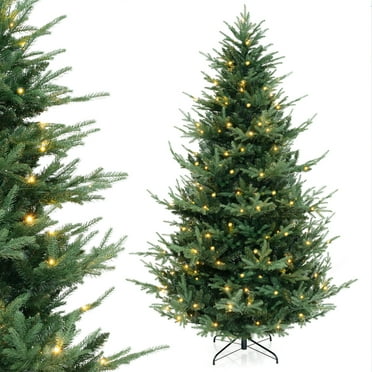 Topbuy 8 FT Artificial Christmas Tree Faux Hinged Xmas Tree with 1480 Branch Tips 450 Warm White LED Lights PE & PVC Mixed Leaves